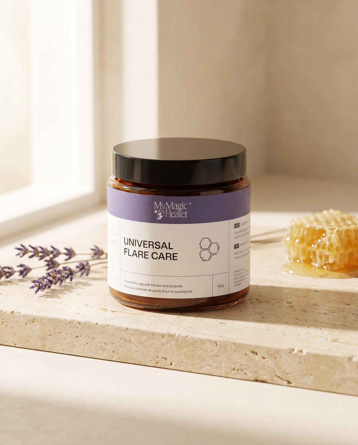 Universal Flare Care on a stone ledge with lavender and honeycomb